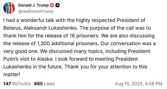 скрин поста Трампа в соцсети Truth Social после телефонного разговора с Лукашенко