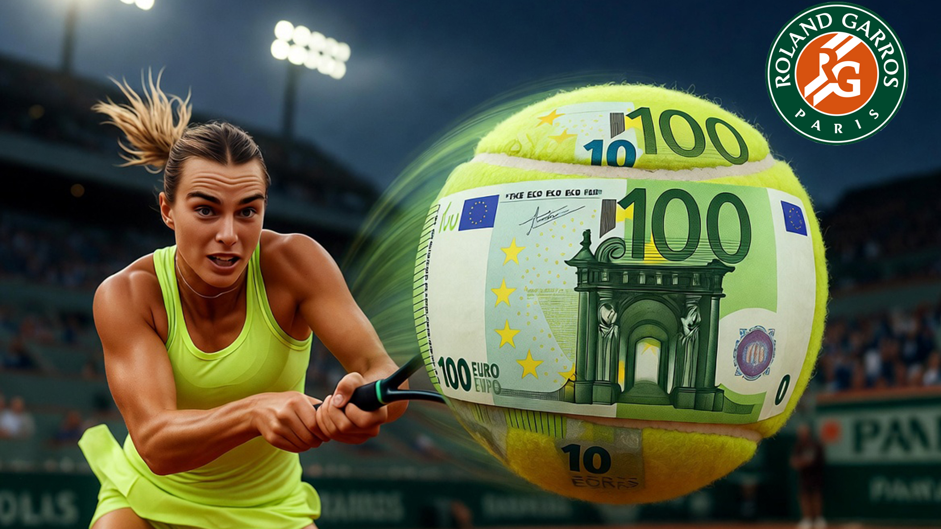 Соболенко угрожает бойкотом Roland Garros: топ-теннисисты требуют справедливой доли призовых тенниситистка отбивает ракеткой мяч с изображением 100-евровых купюр