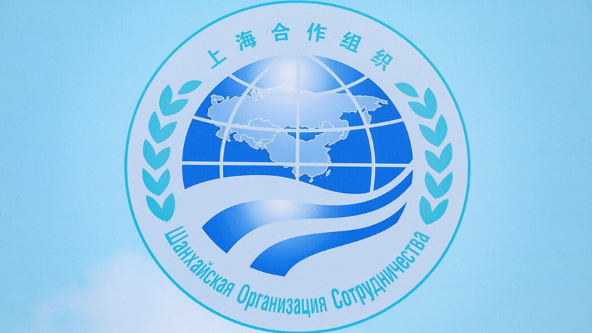Логотип ШОС на голубом фоне
