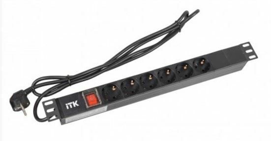 Блок розеток PH12-6D1-P ∙ ITK Блок (PDU) 6 розеток стандарта (Schuko) с выключателем, 1U, кабель 2м, вилка (Schuko), ПВХ, чёрный