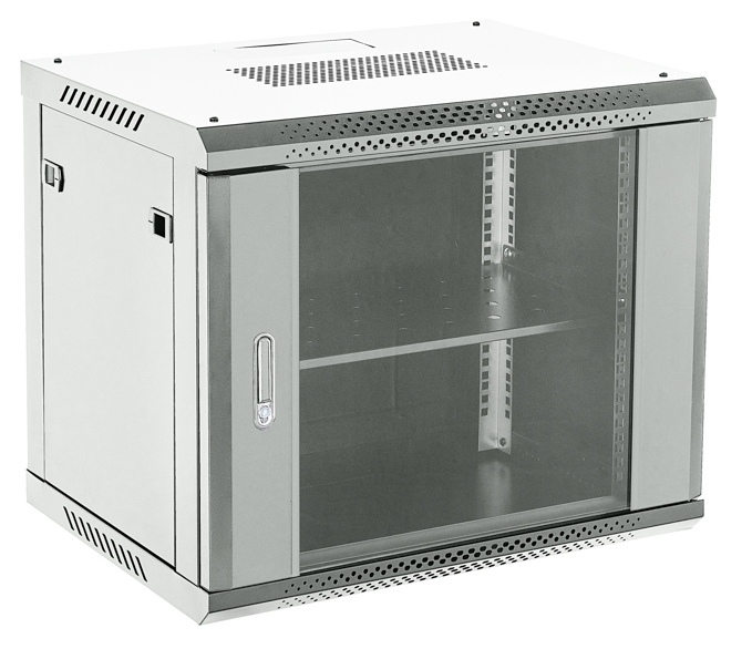 04-0966-111 Настенный шкаф 19" 9U 600×600, дверь сплошное стекло, серый, RAL 7035 Rexant