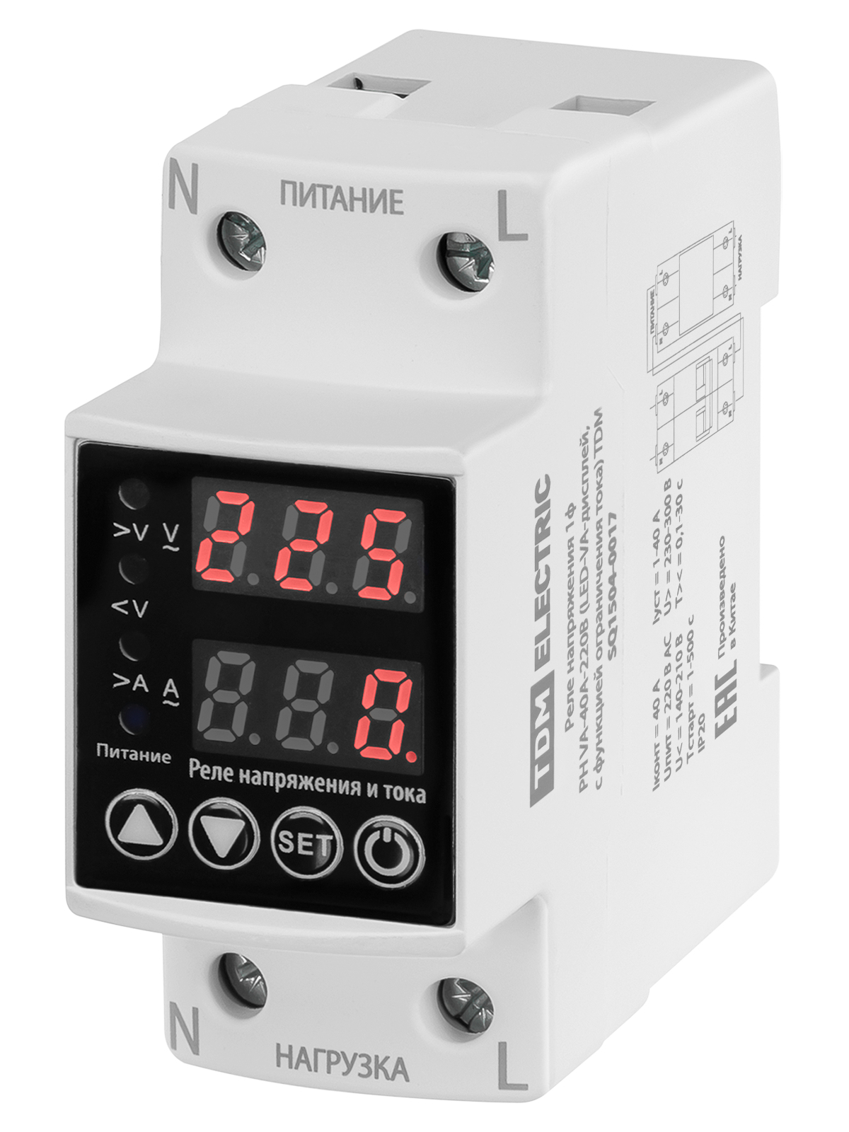 TDM ELECTRIC SQ1504-0017 Реле напряжения 1ф РН VA-40А-220В (LED-VA-дисплей, с функцией ограничения тока)