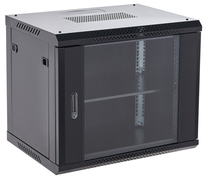 04-0966-112 Настенный шкаф 19" 9U 600×600, дверь сплошное стекло, черный, RAL 9005 Rexant