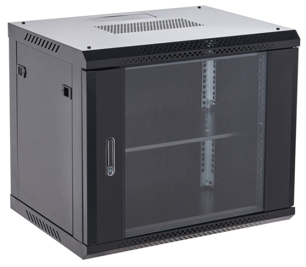 04-0966-112 Настенный шкаф 19" 9U 600×600, дверь сплошное стекло, черный, RAL 9005 Rexant